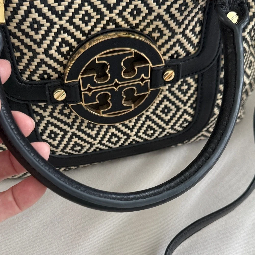 Tory Burch Amanda in Raffia Black and Cream Satchel